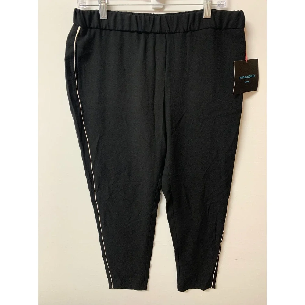 Cynthia Rowley Black Side Stripe Ankle Pants‎ Elastic Waist Tapered Size 10
